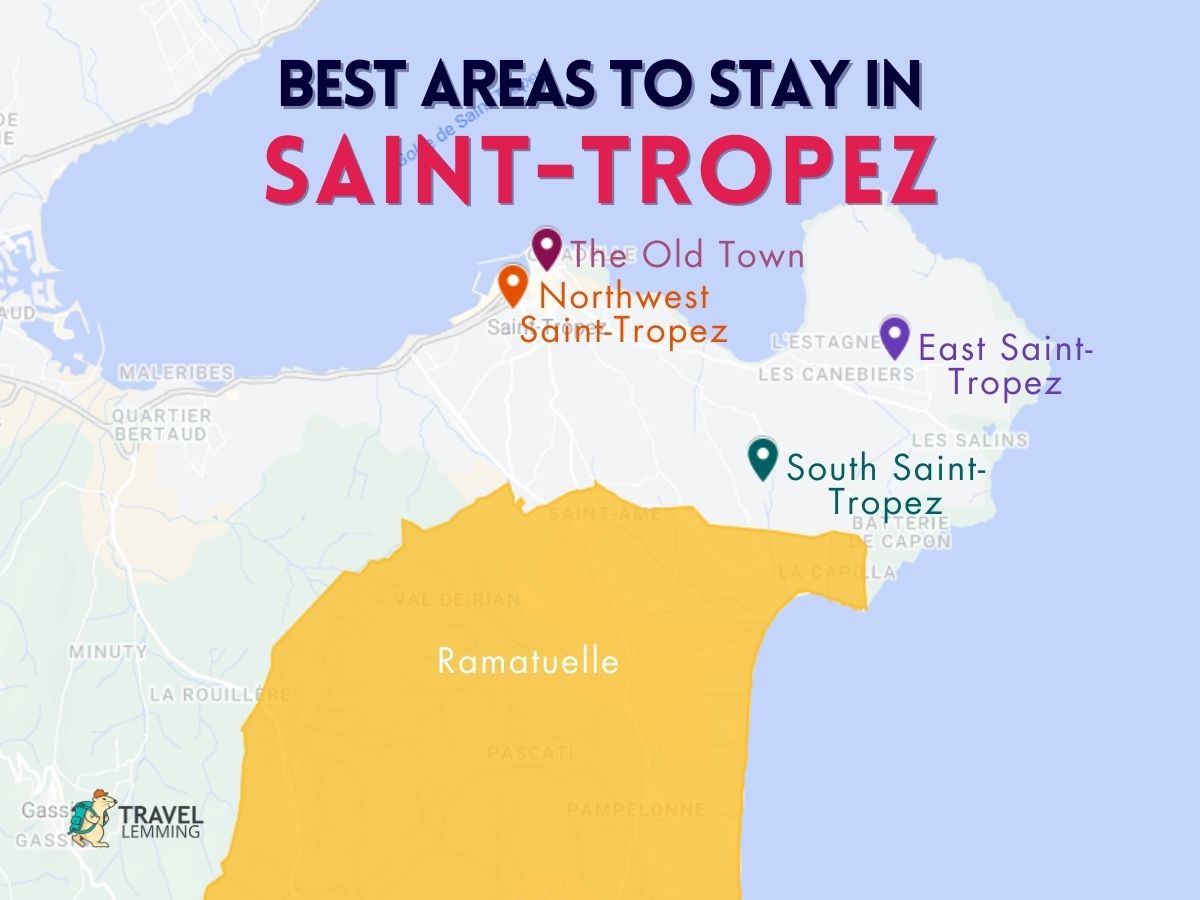 A graphic map that shows the best areas to stay in Saint-Tropez