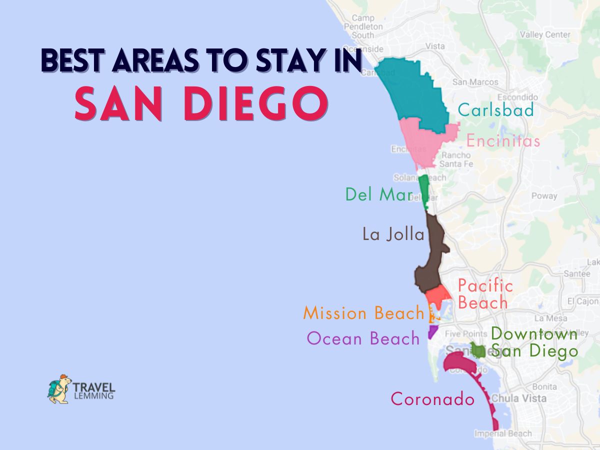 A graphic map that shows the best areas to stay in San Diego