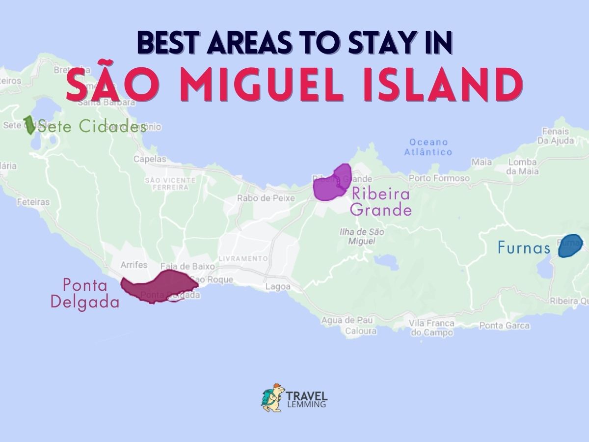 A graphic map that shows the best areas to stay in São Miguel Island