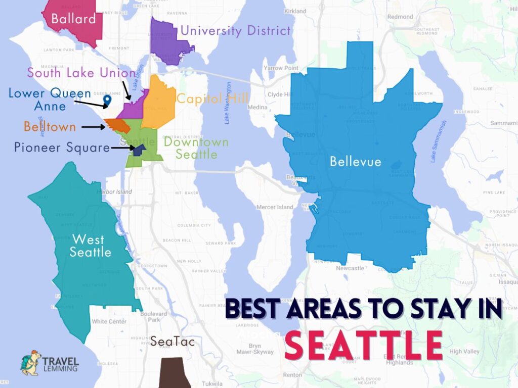 A graphic map that shows the best areas to stay in Seattle