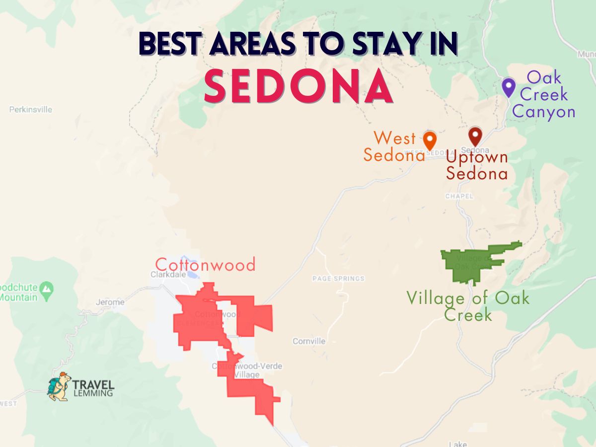 A graphic map that shows the best areas to stay in Sedona