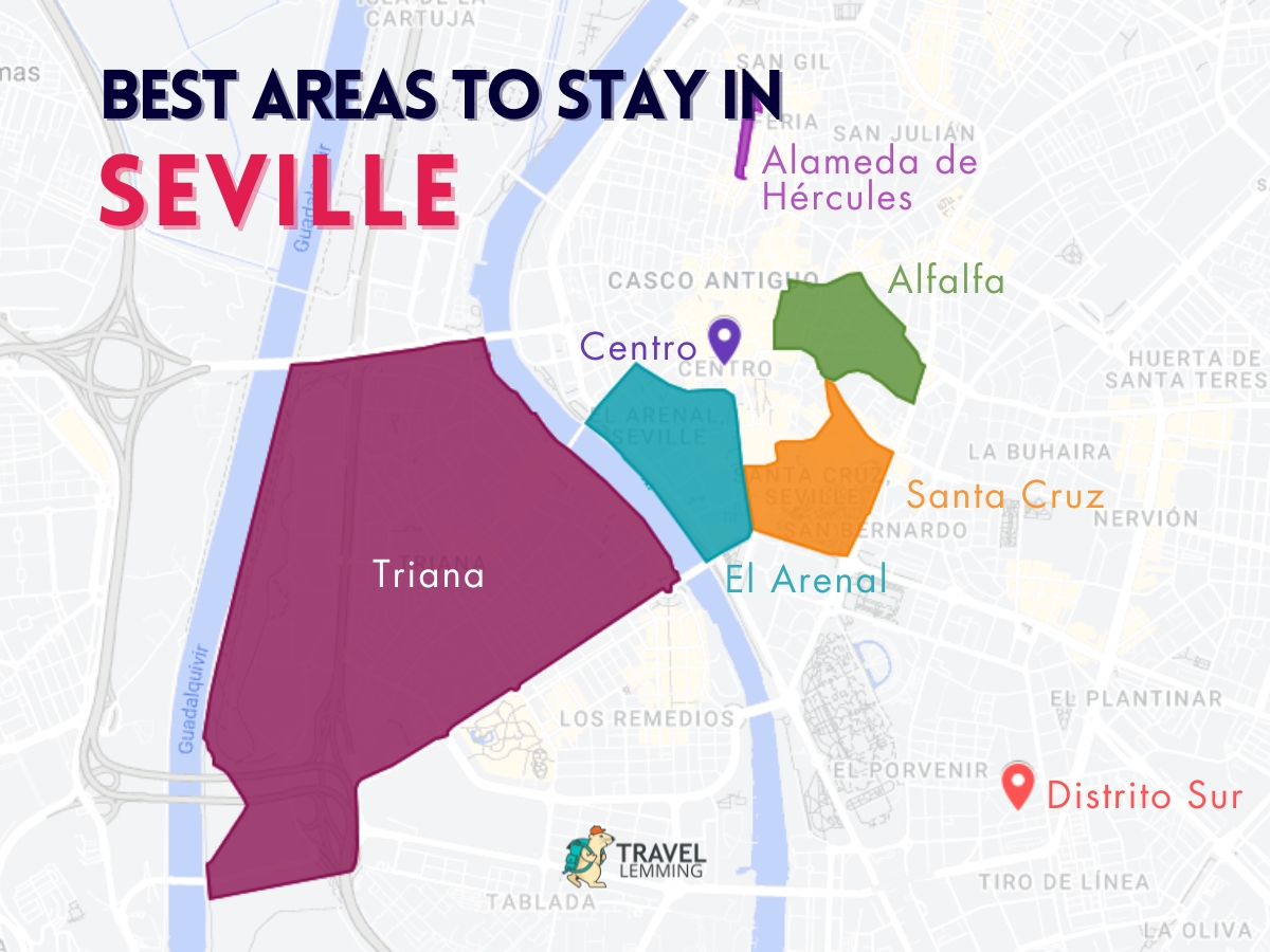 A graphic map that shows the best areas to stay in Seville
