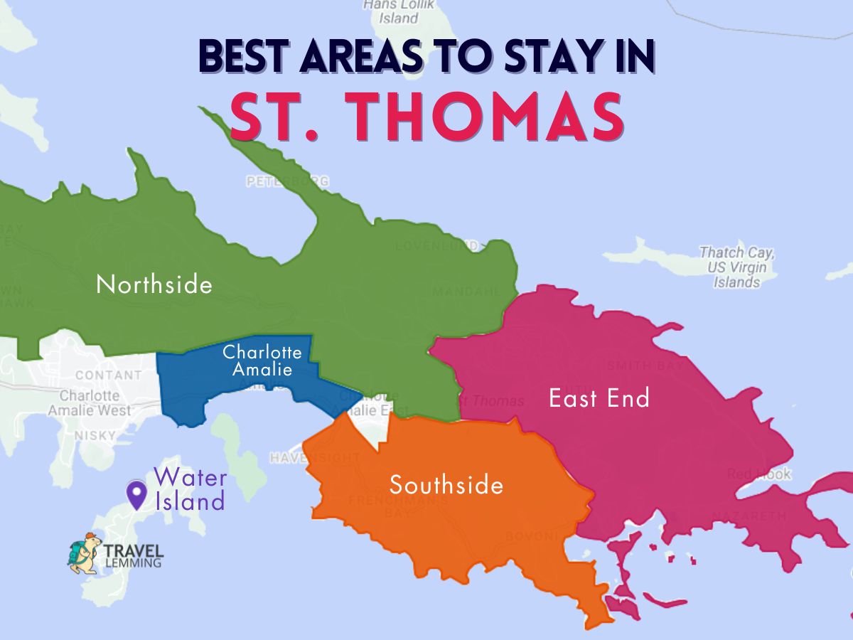A graphic map that shows the best areas to stay in St. Thomas