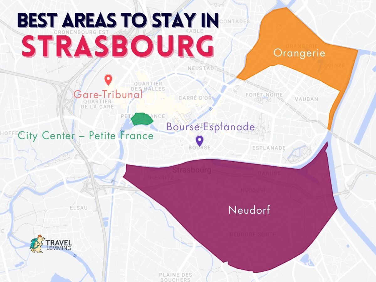 A graphic map that shows the best areas to stay in Strasbourg