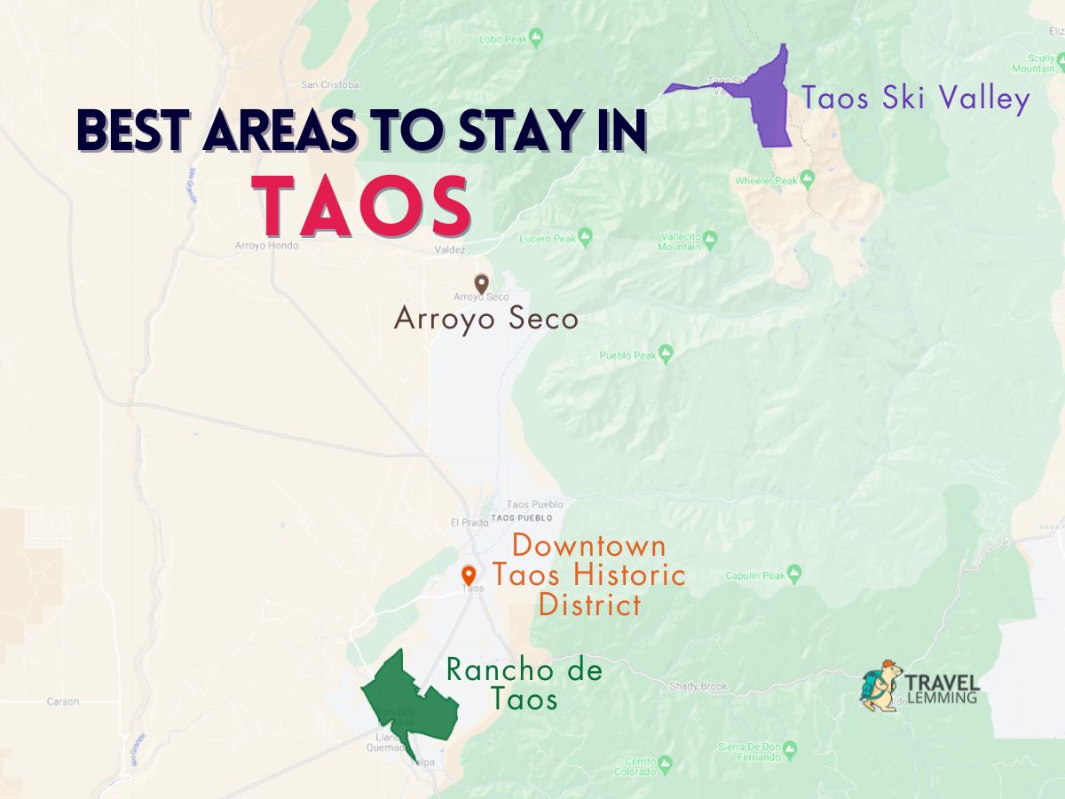 A graphic map that shows the best areas to stay in Taos
