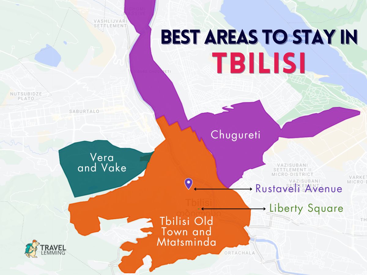 A graphic map that shows the best areas to stay in Tbilisi