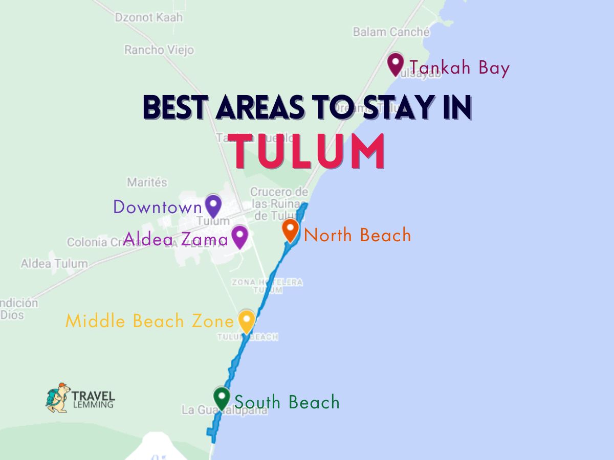 A graphic map that shows the best areas to stay in Tulum