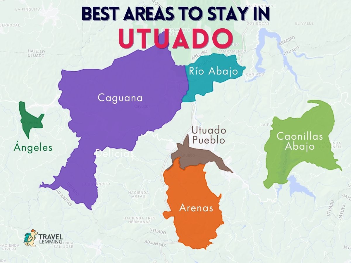 A graphic map that shows the best areas to stay in Utuado