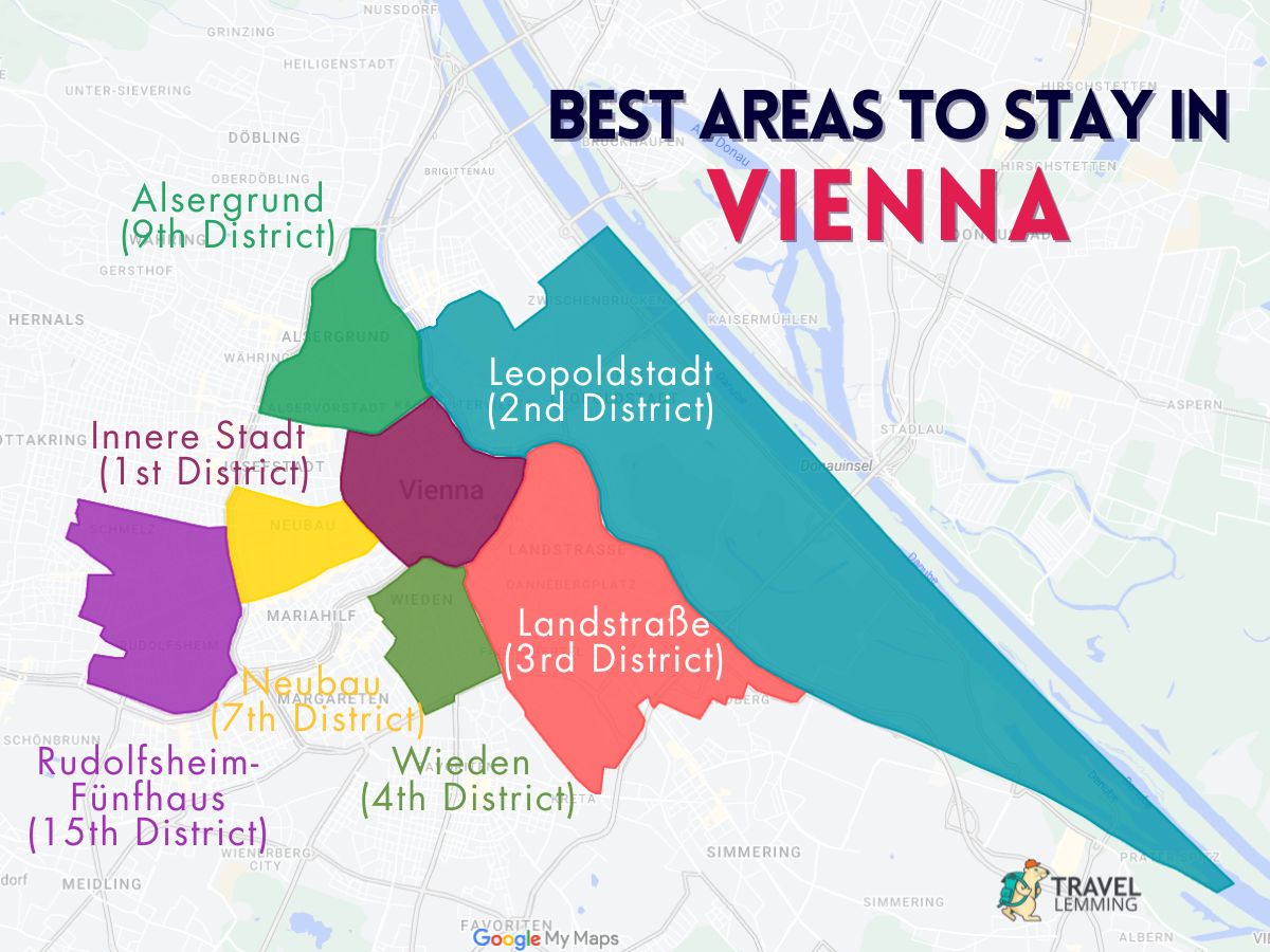 A graphic map that shows the best areas to stay in Vienna