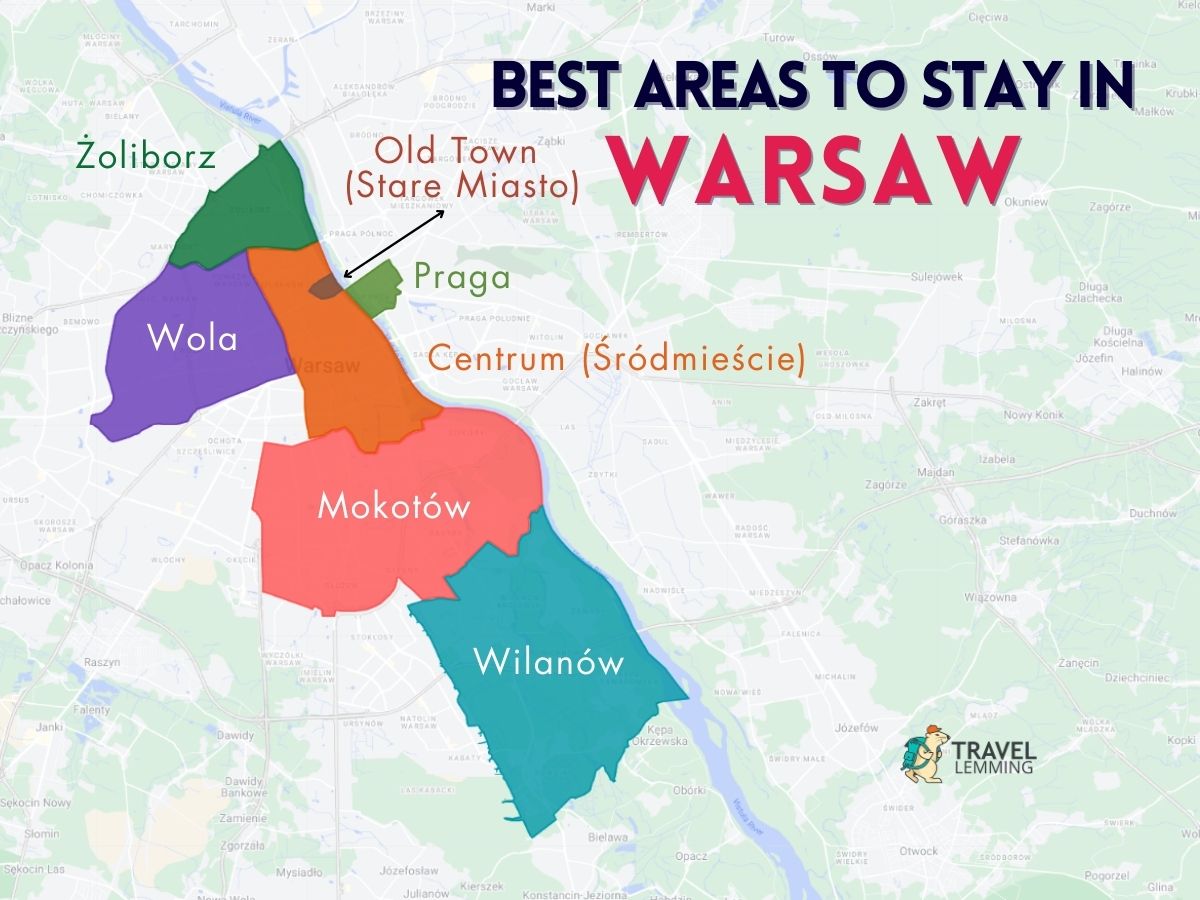 A graphic map that shows the best areas to stay in Warsaw