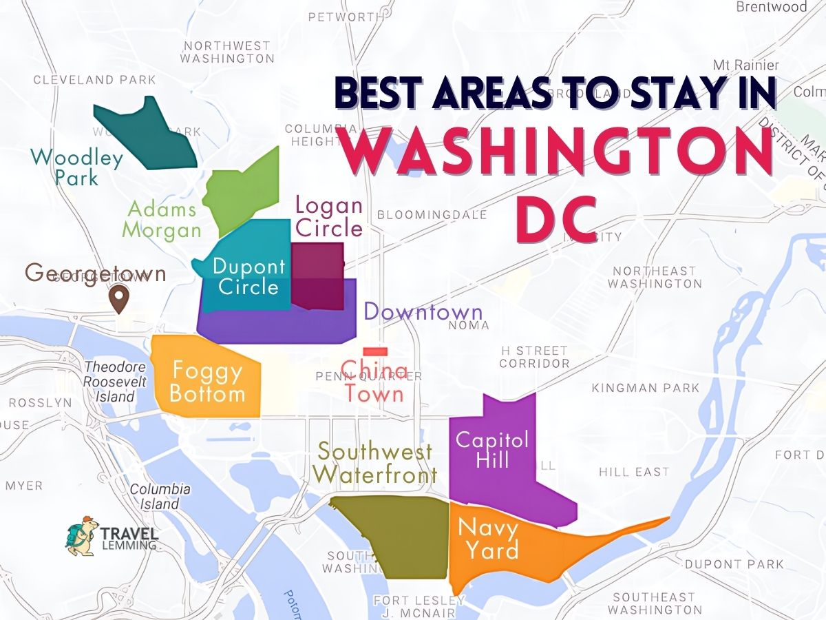 A graphic map that shows the best areas to stay in Washington DC