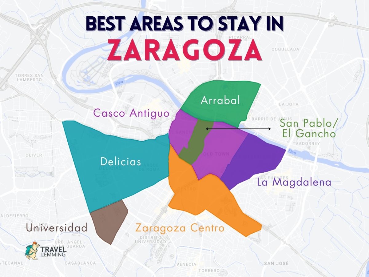 A graphic map that shows the best areas to stay in Zaragoza