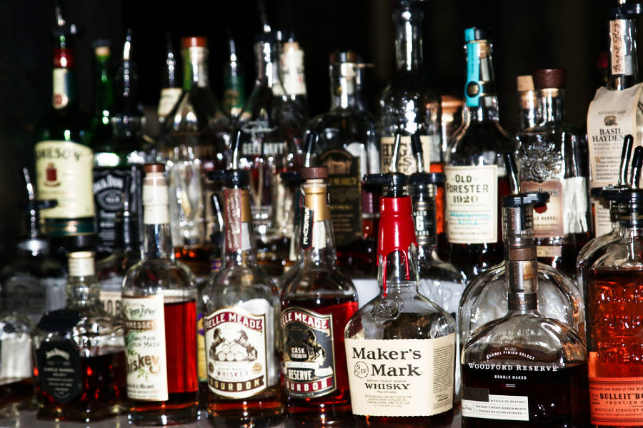 Assorted glasses of whiskey and bourbon