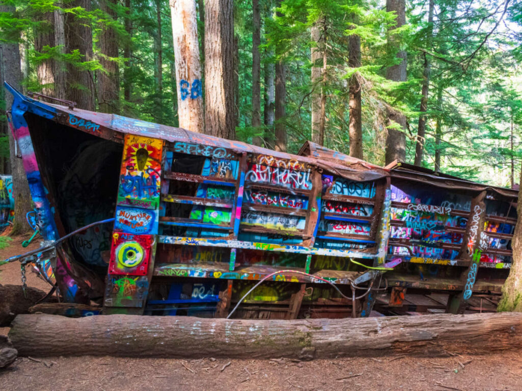 An abandoned train cars, covered in graffiti, nestled within the forest