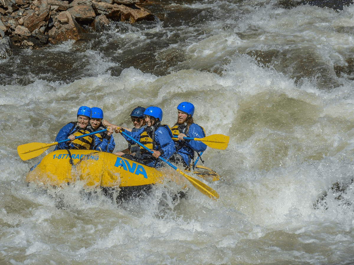 The author Abigail Bliss with her friends during their whitewater rafting in Idaho Springs