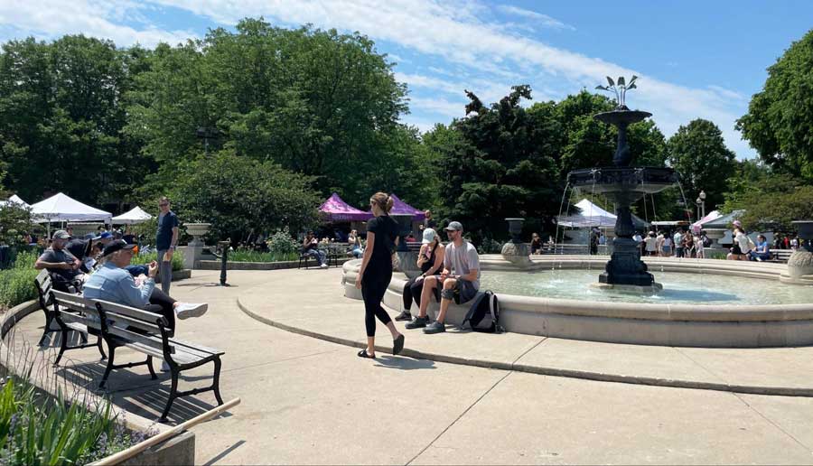View of people relaxing near the Wicker Park Fountain