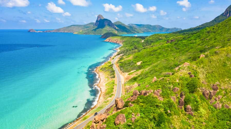Aerial view of the Wilde Beach with turquoise blue water on Con Dao Island