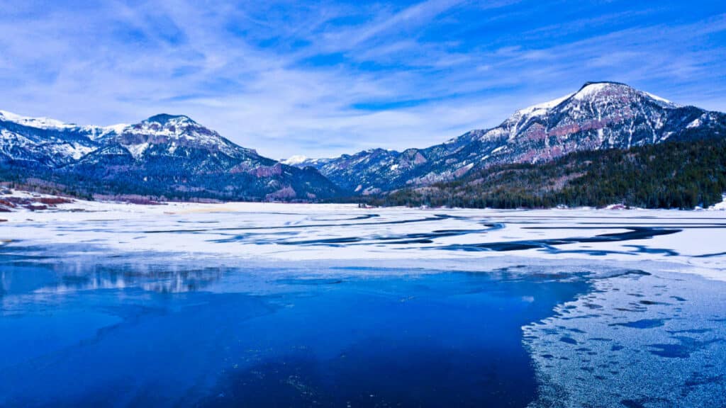 Panoramic view of the frozen Williams Creek Reservoir
