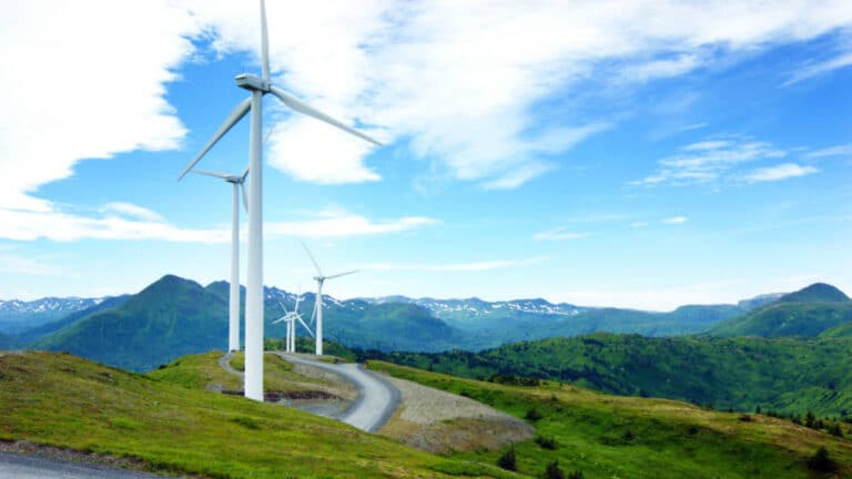 View of the windmills on the mountain top of Kodiak