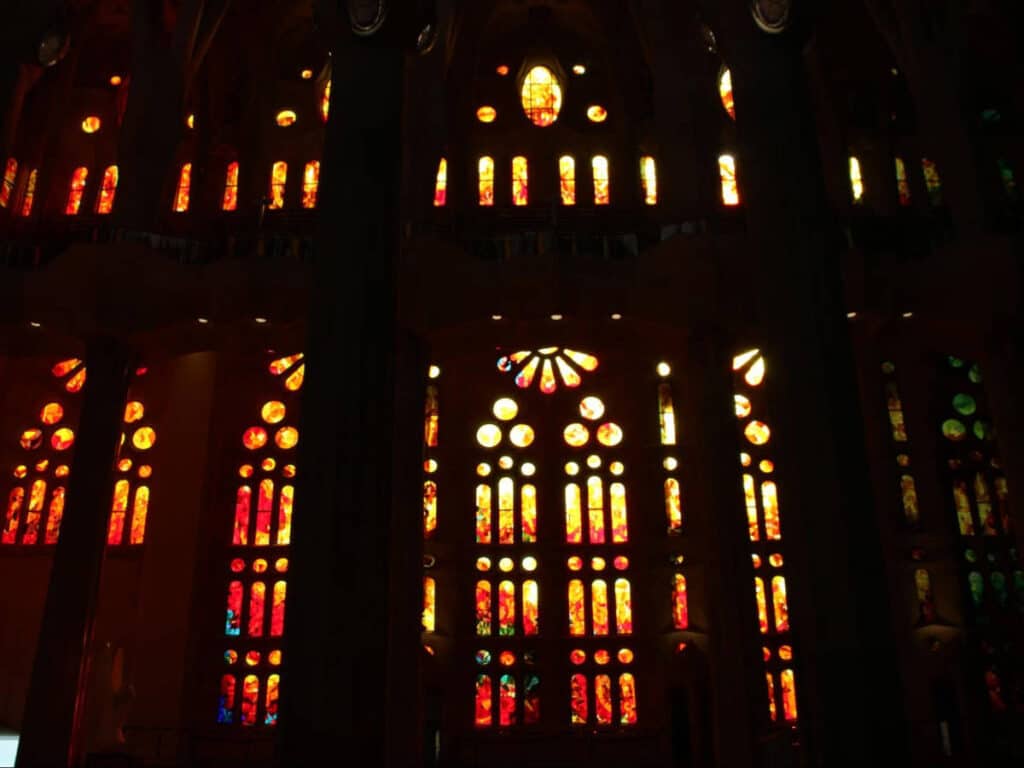 View of the colorful windows inside the La Sagrada Familia