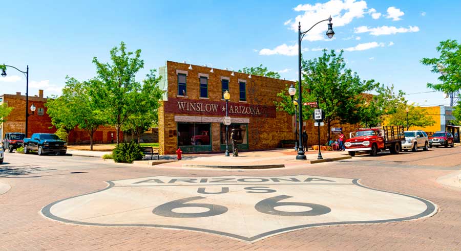 The clear blue sky over the Winslow, Arizona