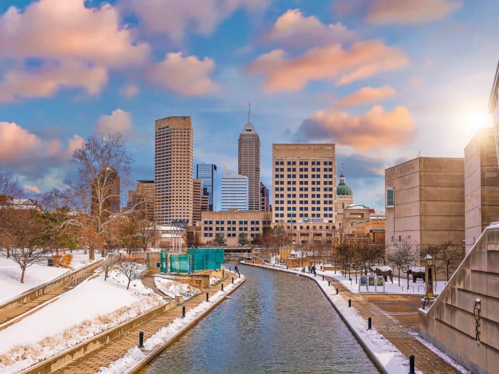 Downtown Indianapolis covered with snow during winter season