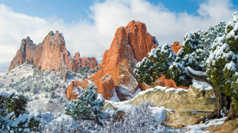 Scenic view of the snow covered Garden of the Gods in winter