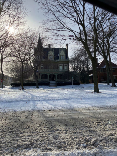 Front view of a house during winter season