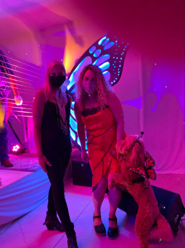 Jess Levy and pet dog watching the Sonic Butterfly with vibrant wings