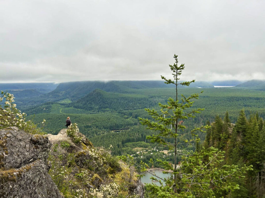 A woman admiring the overlooking view of Seattle on the cliffside