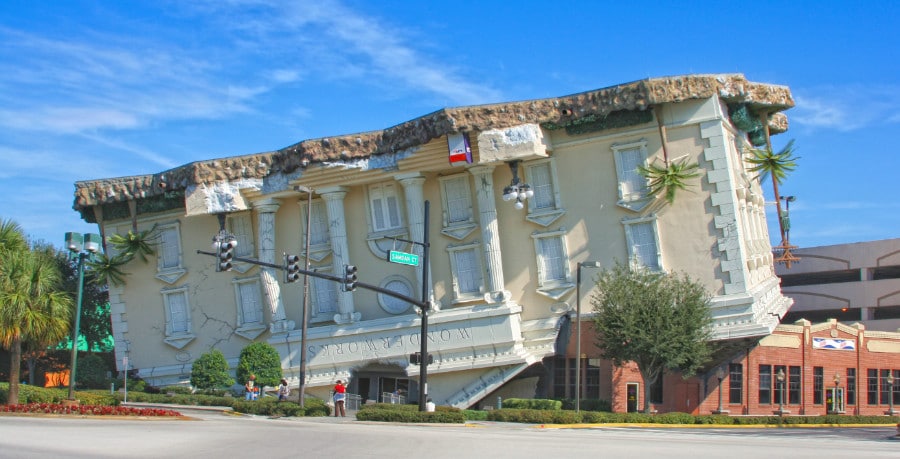 View of exterior of WonderWorks upside down building in Orlando