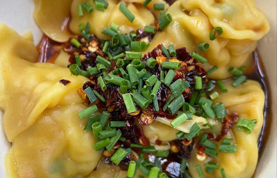 Close up view of prawn wontons from Dumpling Shack