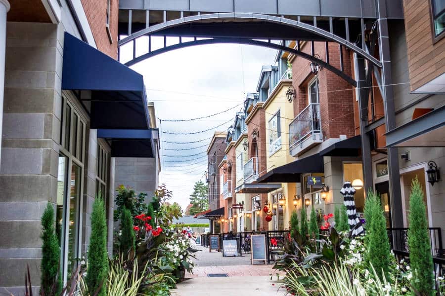View of the walk area surrounded by shops, flowers, and plants in the Woodinville Schoolhouse District area
