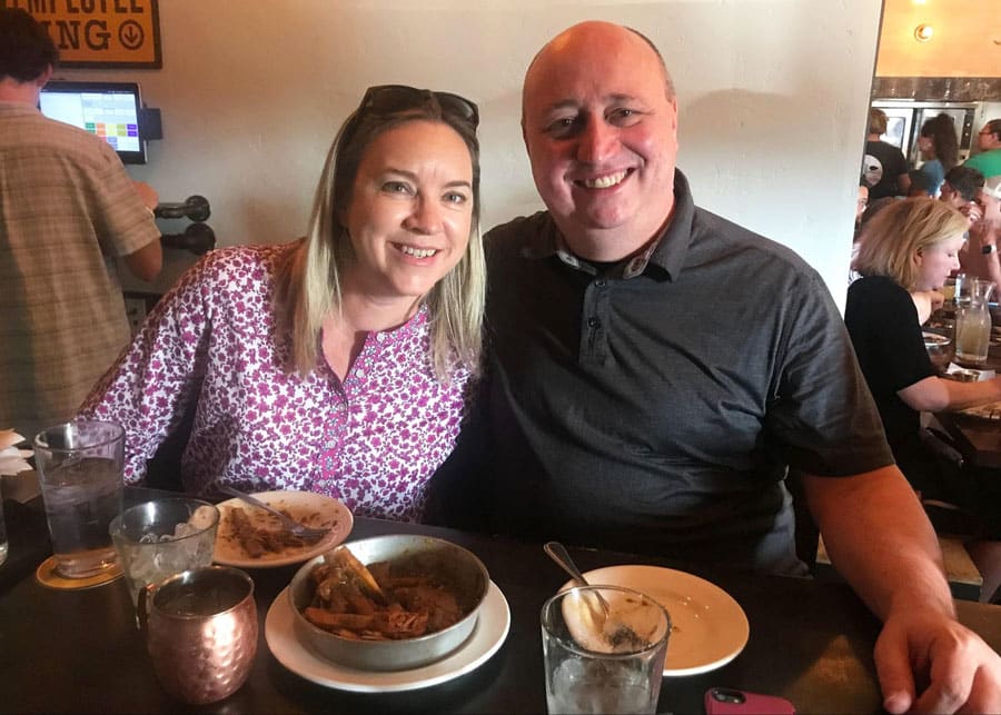 Travel Lemming's senior writer, Laura with her husband in Work & Class