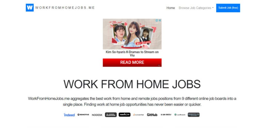 View of the homepage of Work From Home Jobs