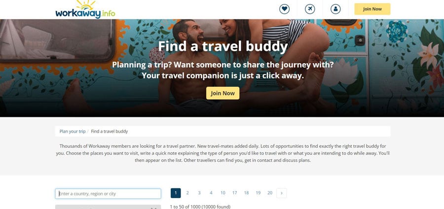 Travel buddy website page feature of Workaway