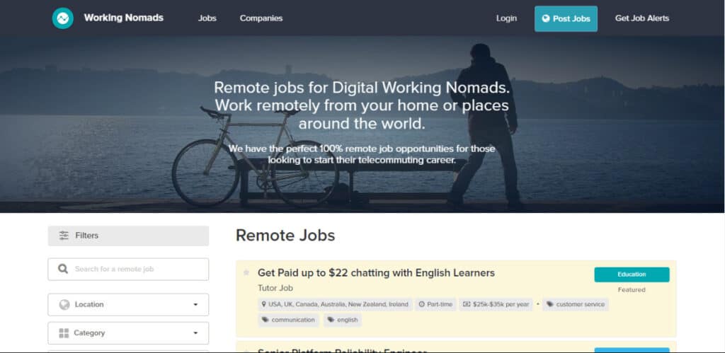 View of the homepage of Working Nomads