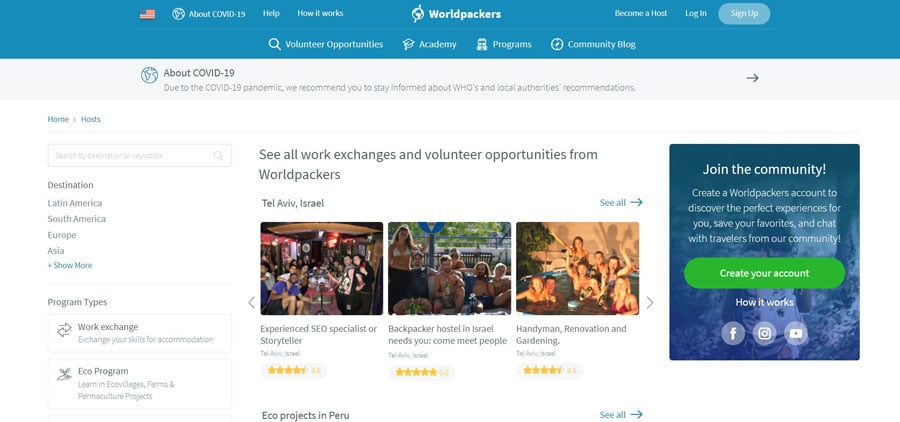 View of the Worldpackers Volunteer Positions page