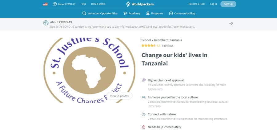 View of School volunteering section in Worldpackers website