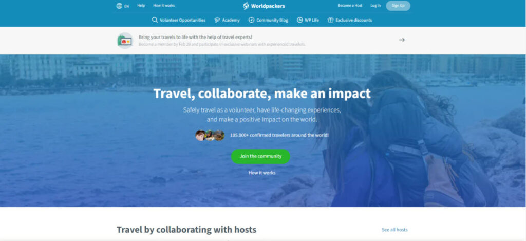 View of the homepage of Worldpackers 