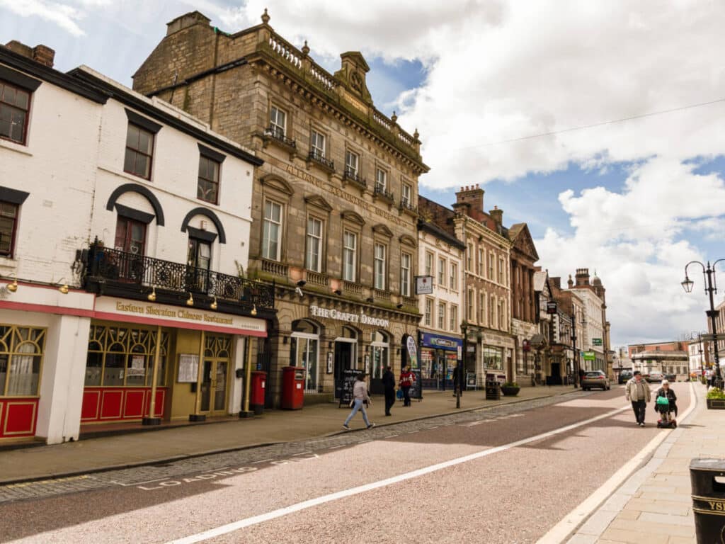 View of the Victorian buildings in the high street of Wrexham