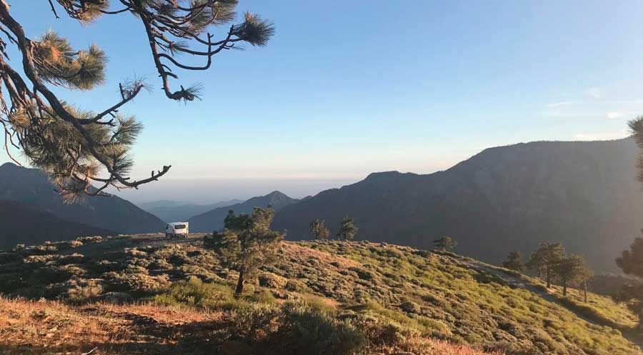 Van camping at the Wrightwood hill during sunset