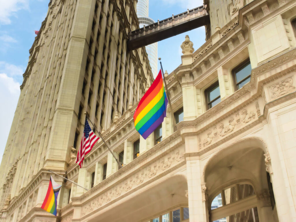 A rainbow flag outside the Wrigley Building