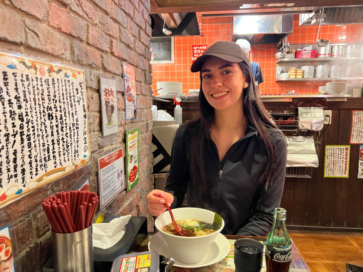 Writer Clara enjoying her ramen at Kyūshū Jangara Ginza