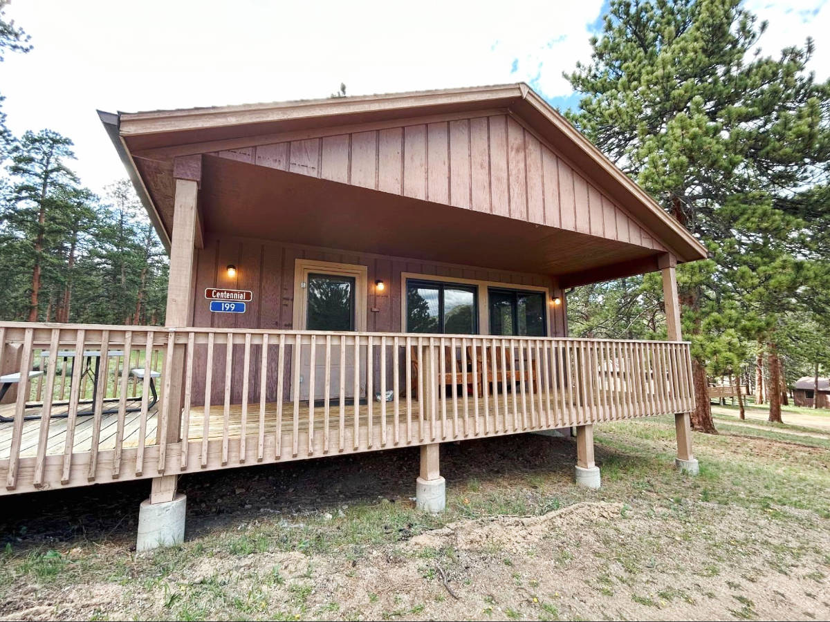View of a cabin from the outside in YMCA of the Rockies