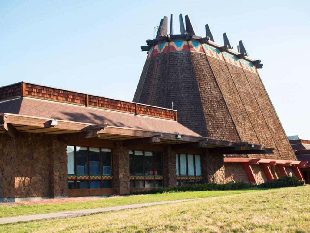 Exterior view of the unique structure of Yakama Nation Cultural Center in Toppenish