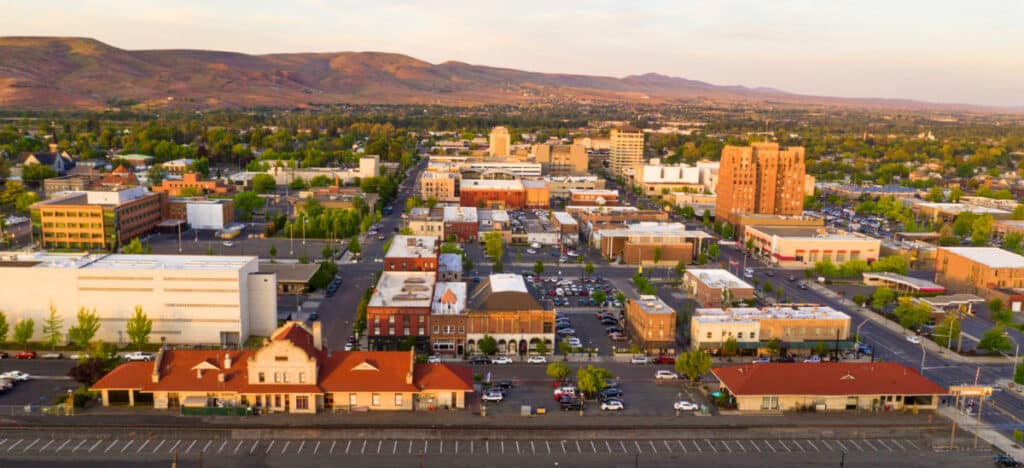 View of the sunset light over the downtown urban city center of Yakima