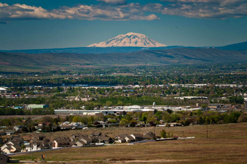Aerial view of the city of Yakima terrace heights and the Mt. Adam in the background