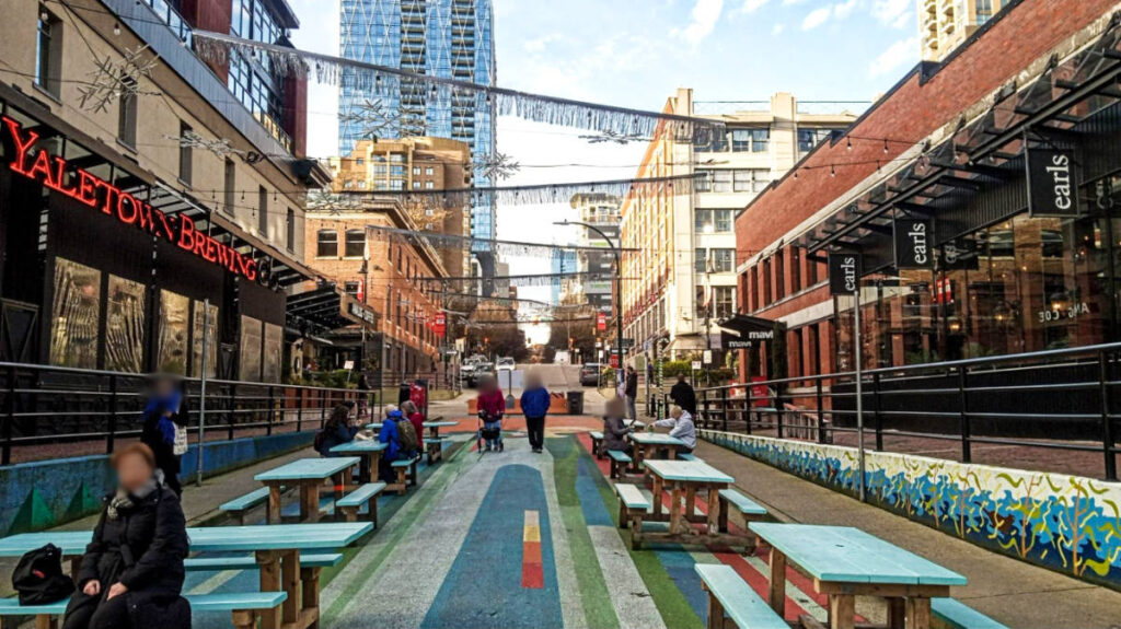 View of the colorful plaza in trendy Yaletown