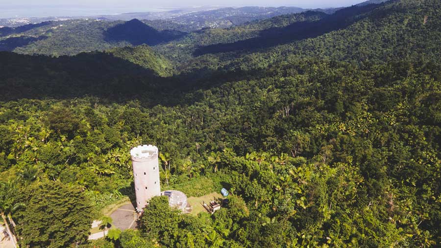 Aerial view of the Yokahu Tower in the El Yunque Forest